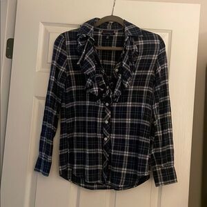 Banana republic blue plaid button up with ruffles